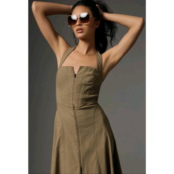 By Anthropologie Zip-Front Halter Corset Dress Green Size Medium Midi - Picture 3 of 13